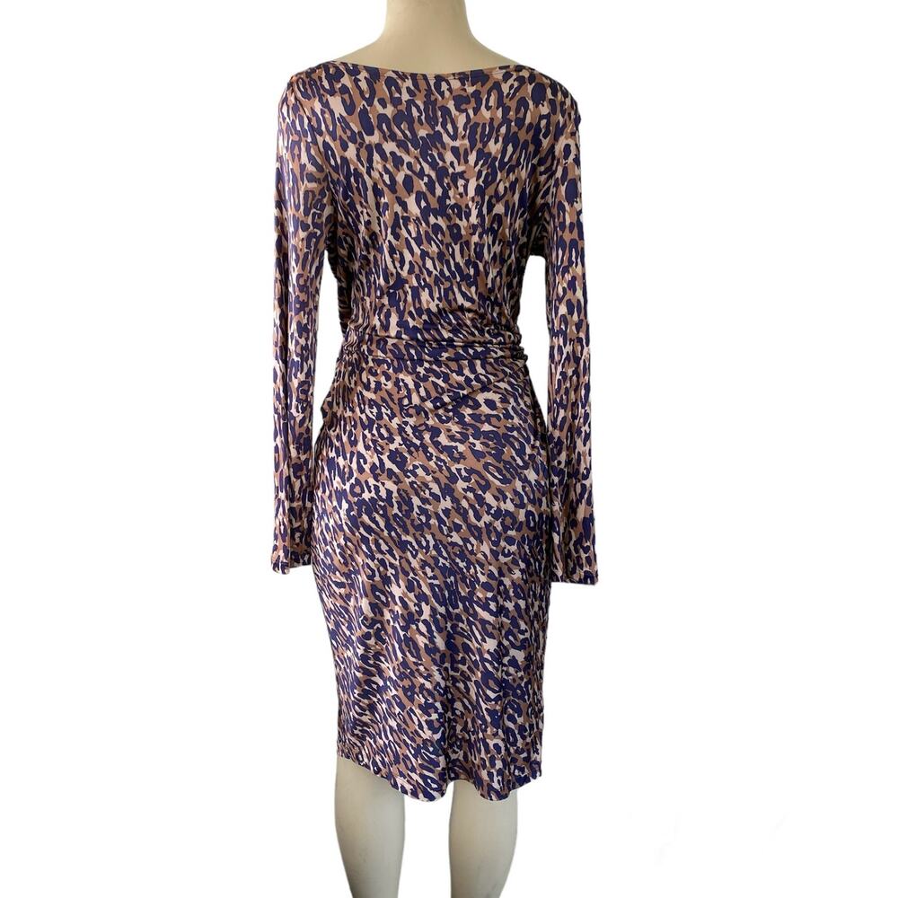L.K. Bennett Midi Bodycon Dress Women's 8 Purple Tan Silk V Neck Long Sleeve - Picture 2 of 7